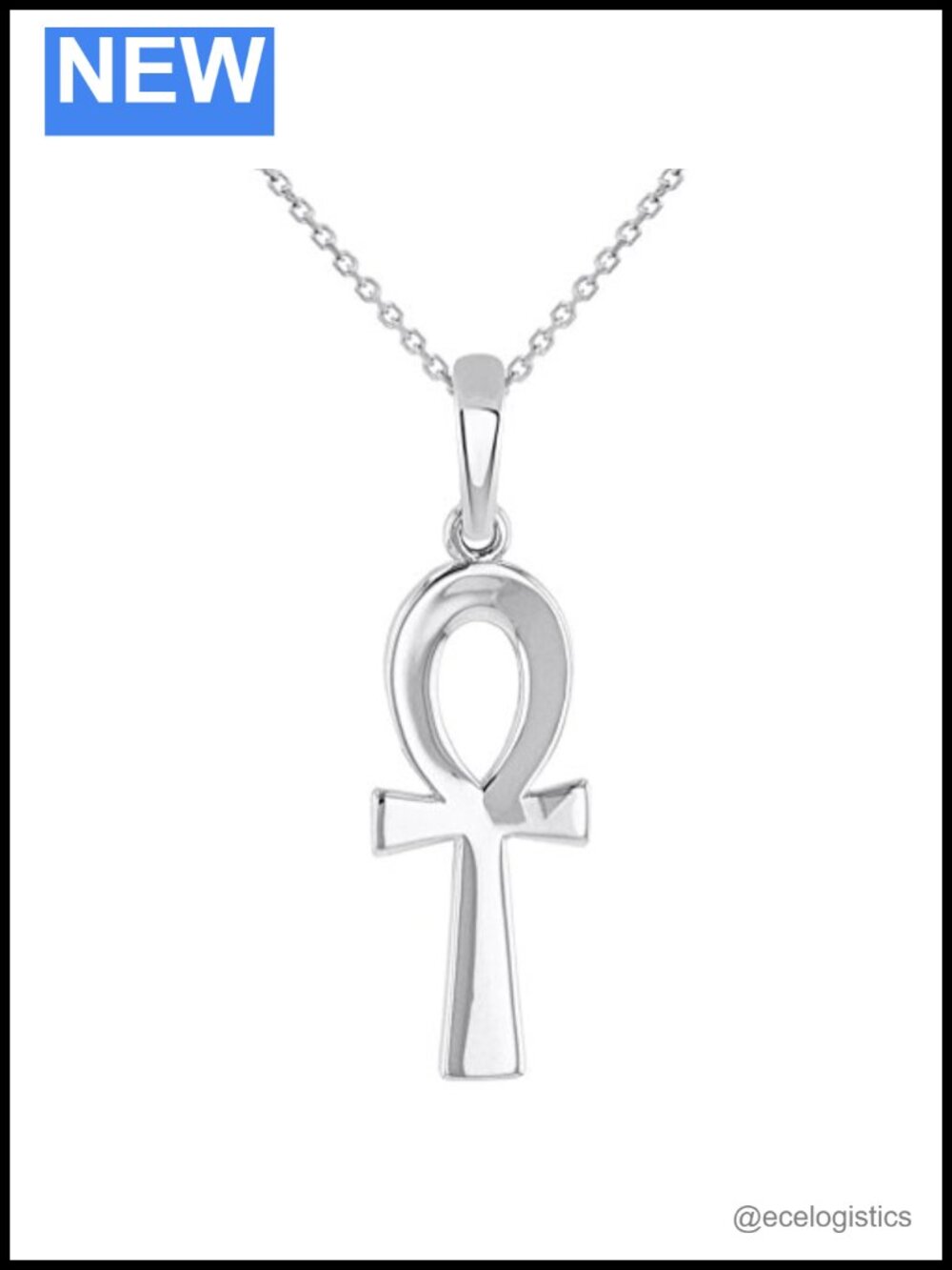 Solid 14k White Gold Polished Egyptian Ankh Cross Charm Pendant with Chain